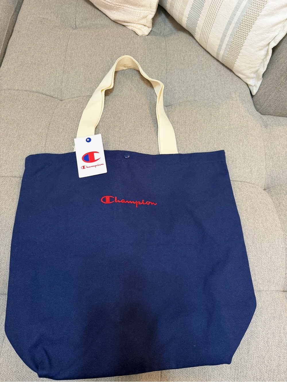 Champion Navy Canvas Tote with Red Logo and Cream Handles